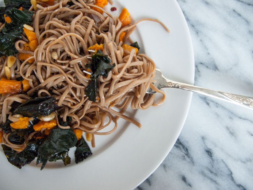 soba with butternut squash, kale, pinenuts